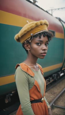 1girl,solo,looking at viewer,short hair,shirt,black hair,long sleeves,hat,dress,brown eyes,jewelry,upper body,earrings,outdoors,parted lips,belt,dark skin,blurry,black eyes,bracelet,dark-skinned female,lips,freckles,curly hair,realistic,nose,very dark skin,afro,train station