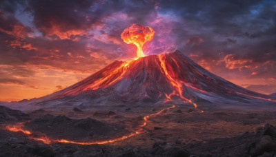 outdoors, sky, cloud, no humans, cloudy sky, fire, scenery, sunset, mountain, molten rock