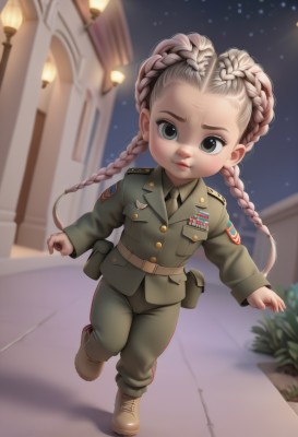 1girl,solo,long hair,looking at viewer,blonde hair,shirt,long sleeves,closed mouth,green eyes,standing,jacket,full body,braid,grey hair,boots,outdoors,necktie,sky,collared shirt,belt,pants,uniform,twin braids,lips,military,military uniform,night,buttons,brown footwear,standing on one leg,building,child,star (sky),night sky,black necktie,forehead,walking,pocket,running,pouch,green jacket,female child,road,lamppost,street,military jacket,green pants,pavement,artist name,blurry,blurry background,epaulettes,medal,patch