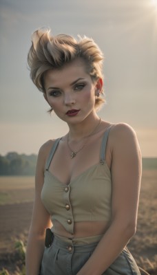 1girl,solo,breasts,looking at viewer,short hair,blonde hair,brown hair,cleavage,bare shoulders,brown eyes,jewelry,medium breasts,collarbone,upper body,earrings,outdoors,parted lips,teeth,day,midriff,pants,artist name,necklace,blurry,lips,crop top,makeup,buttons,depth of field,blurry background,sunlight,denim,camisole,backlighting,freckles,jeans,realistic,red lips,sky,lipstick