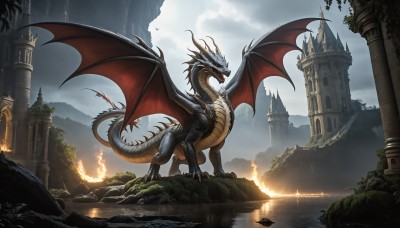 HQ,open mouth,blue eyes,standing,tail,outdoors,wings,horns,sky,teeth,cloud,water,no humans,fangs,cloudy sky,fire,sharp teeth,scenery,claws,rock,mountain,fantasy,dragon,scales,ruins,castle,tower,dragon wings,breathing fire,red eyes,tree,bird,spikes,river,flame