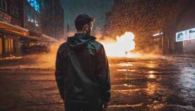 solo,short hair,black hair,long sleeves,1boy,jewelry,standing,jacket,male focus,earrings,outdoors,pants,hood,from behind,black jacket,wet,hoodie,night,black pants,hood down,building,rain,city,road,leather,street,leather jacket,closed mouth,sky,water,facial hair,ground vehicle,scenery,hooded jacket,motor vehicle,science fiction,sign,light,very short hair,undercut,cyberpunk,neon lights