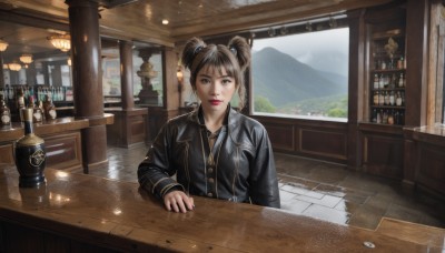 1girl,solo,long hair,looking at viewer,bangs,brown hair,shirt,black hair,hair ornament,long sleeves,twintails,brown eyes,sitting,closed mouth,jacket,upper body,day,indoors,black eyes,cup,lips,black jacket,black shirt,window,makeup,buttons,table,bottle,lipstick,scenery,reflection,realistic,red lips,leather,leather jacket,jar,counter,short hair,jewelry,earrings,artist name,signature,short twintails,alcohol,drinking glass,mountain,bar (place),denim jacket