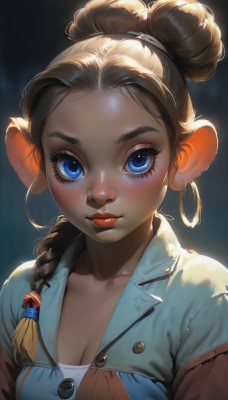 1girl,solo,long hair,breasts,looking at viewer,blue eyes,brown hair,shirt,hair ornament,animal ears,cleavage,medium breasts,closed mouth,collarbone,jacket,upper body,braid,earrings,pointy ears,hair bun,lips,eyelashes,single braid,makeup,buttons,single hair bun,thick eyebrows,hair over shoulder,forehead,freckles,hoop earrings,mouse ears,nose,red lips,mascara,blush,bangs,jewelry,lipstick,backlighting,dark background