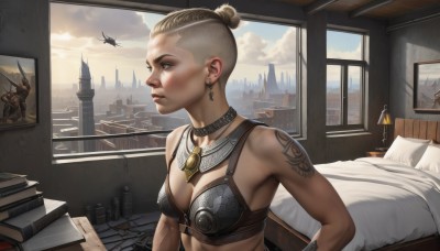 1girl,solo,breasts,short hair,blonde hair,cleavage,jewelry,medium breasts,underwear,upper body,weapon,earrings,sky,choker,cloud,indoors,necklace,hair bun,bra,armor,lips,pillow,book,window,bed,tattoo,muscular,on bed,piercing,single hair bun,bottle,building,city,realistic,aircraft,nose,cityscape,arm tattoo,photo (object),bikini armor,book stack,collar,lamp,mohawk