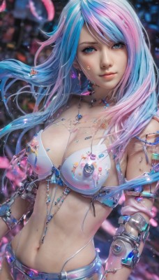 1girl,solo,long hair,breasts,looking at viewer,bangs,blue eyes,navel,cleavage,jewelry,medium breasts,closed mouth,underwear,blue hair,swimsuit,pink hair,bikini,multicolored hair,earrings,midriff,necklace,bra,blurry,two-tone hair,lips,head tilt,see-through,gradient hair,makeup,blurry background,swept bangs,piercing,gem,revealing clothes,science fiction,realistic,android,cable,navel piercing,cyborg,cyberpunk,large breasts,collarbone,upper body,belt,artist name,stomach,nail polish,eyelashes,depth of field,chain,watermark,armlet,pink lips,nose