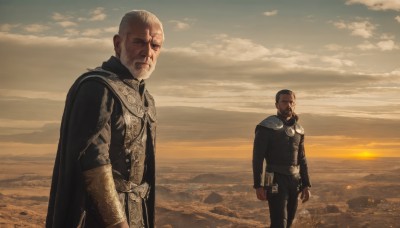 brown hair,black hair,closed mouth,standing,male focus,outdoors,multiple boys,sky,belt,cloud,dark skin,2boys,cape,armor,uniform,facial hair,scar,dark-skinned male,beard,sunset,realistic,arms at sides,sun,bald,manly,desert,white hair,military,military uniform,mustache,old,old man,wrinkled skin