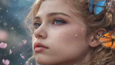 1girl, solo, long hair, blue eyes, blonde hair, hair ornament, parted lips, blurry, lips, petals, eyelashes, depth of field, bug, butterfly, portrait, close-up, freckles, realistic, nose