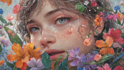 1girl, solo, looking at viewer, short hair, blue eyes, brown hair, flower, parted lips, mole, lips, wet, eyelashes, mole under eye, portrait, close-up, rain, blue flower, water drop, realistic, yellow flower, nose, purple flower, wet hair, orange flower