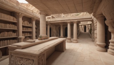 indoors,book,no humans,table,sunlight,plant,scenery,stairs,bookshelf,pillar,book stack,library,column,day,building,railing,potted plant,architecture,ruins,bridge,statue,arch