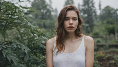 1girl,solo,long hair,breasts,looking at viewer,brown hair,dress,bare shoulders,brown eyes,closed mouth,collarbone,upper body,outdoors,sleeveless,day,white dress,mole,blurry,tree,lips,depth of field,blurry background,leaf,tank top,plant,freckles,realistic,red lips,white tank top,jewelry,parted lips,necklace,nature