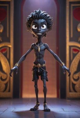 solo,looking at viewer,smile,black hair,red eyes,1boy,navel,jewelry,standing,full body,male focus,earrings,shorts,teeth,dark skin,necklace,grin,blurry,bracelet,blurry background,colored skin,sandals,dark-skinned male,sharp teeth,topless male,anklet,blue skin,male child,black skin,short hair,brown eyes,fingernails,black shorts,piercing,abs,bodypaint,dreadlocks