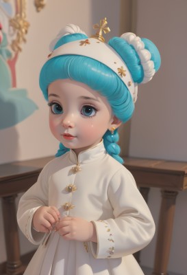 1girl,solo,looking at viewer,blush,blue eyes,long sleeves,dress,jewelry,closed mouth,blue hair,upper body,braid,hairband,earrings,indoors,hair bun,white dress,blurry,twin braids,lips,double bun,aqua hair,blurry background,white headwear,child,red lips,female child,long hair,white background,artist name,signature,eyelashes,shadow,chinese clothes