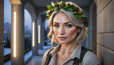 1girl,solo,looking at viewer,smile,short hair,blonde hair,shirt,hair ornament,jewelry,closed mouth,green eyes,collarbone,white shirt,upper body,white hair,earrings,outdoors,collared shirt,artist name,blurry,lips,grey eyes,makeup,depth of field,blurry background,scar,suspenders,portrait,scar on face,freckles,realistic,nose,scar across eye,head wreath,wreath,scar on cheek,pillar,scar on nose,scar on forehead