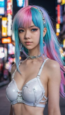 1girl,solo,long hair,breasts,looking at viewer,bangs,blue eyes,cleavage,bare shoulders,jewelry,medium breasts,closed mouth,underwear,blue hair,collarbone,upper body,pink hair,multicolored hair,hairband,earrings,shiny,necklace,bra,mole,blurry,two-tone hair,lips,grey eyes,aqua hair,gradient hair,makeup,blurry background,eyeshadow,freckles,white bra,mole on breast,realistic,nose,choker,artist name,eyelashes,night,depth of field,watermark,split-color hair