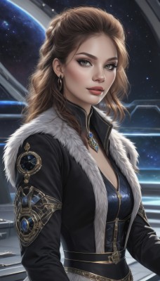 1girl,solo,long hair,breasts,looking at viewer,brown hair,long sleeves,cleavage,brown eyes,jewelry,medium breasts,upper body,earrings,open clothes,necklace,lips,coat,fur trim,makeup,lipstick,gem,star (sky),forehead,realistic,nose,red lips,space,planet,dress,jacket,artist name,blue dress,pendant,eyeshadow,freckles,fur collar,earth (planet)