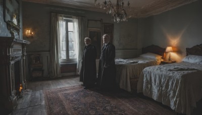 brown hair,shirt,standing,jacket,male focus,multiple boys,necktie,indoors,2boys,black jacket,pillow,window,bed,on bed,chair,formal,table,suit,curtains,scenery,black necktie,black coat,robe,wooden floor,door,lamp,candle,bald,bedroom,wide shot,carpet,candlestand,black robe,chandelier,white shirt,weapon,pants,coat,black pants,hands in pockets,blanket,black suit,painting (object),cabinet