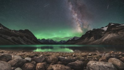 outdoors,sky,water,no humans,night,star (sky),night sky,scenery,smoke,starry sky,reflection,rock,mountain,river,landscape,mountainous horizon,lake,shooting star,aurora,milky way