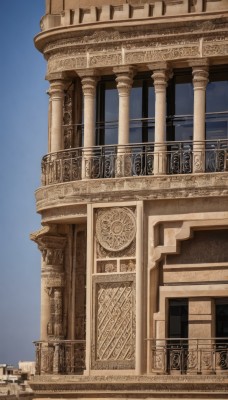 outdoors,sky,day,blue sky,no humans,window,building,scenery,stairs,railing,architecture,bridge,pillar,tower,arch,gate,column,statue