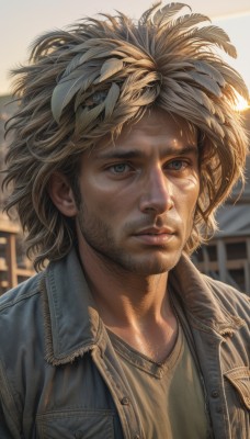 solo,short hair,blue eyes,brown hair,shirt,1boy,jacket,upper body,male focus,outdoors,parted lips,signature,blurry,open jacket,lips,grey eyes,blurry background,facial hair,denim,blue jacket,messy hair,portrait,beard,yellow shirt,realistic,nose,stubble,looking afar,afro,denim jacket,looking at viewer,blonde hair,hair ornament,jewelry,closed mouth,open clothes,day,necklace,depth of field,leaf,sunlight,feathers,wind,building,sunset,feather hair ornament,manly,leather,leather jacket