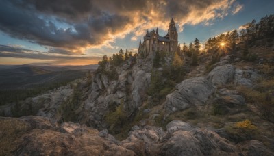 outdoors,sky,day,cloud,tree,blue sky,no humans,sunlight,cloudy sky,grass,building,nature,scenery,forest,sunset,rock,mountain,fantasy,house,castle,tower,landscape,path,cliff