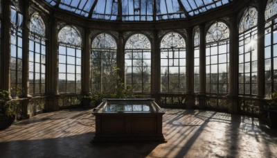 outdoors,sky,day,cloud,indoors,water,tree,no humans,window,chair,table,sunlight,plant,building,scenery,light rays,potted plant,architecture,ruins,pillar,church,arch,blue sky,book,shadow,bird,cloudy sky,reflection,wooden floor,clock,candle,piano,candlestand,reflective floor,chandelier