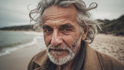 solo,looking at viewer,shirt,1boy,closed mouth,jacket,upper body,white hair,grey hair,male focus,outdoors,day,blurry,black eyes,coat,blurry background,facial hair,ocean,beach,messy hair,portrait,beard,brown jacket,realistic,mustache,sand,manly,old,brown coat,old man,wrinkled skin,sky,water,grey eyes,depth of field,scar,wind