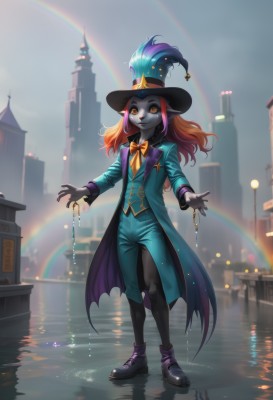 1girl,solo,long hair,looking at viewer,smile,long sleeves,hat,bow,standing,jacket,full body,outdoors,open clothes,sky,shoes,pointy ears,pants,artist name,cloud,bowtie,water,black footwear,orange hair,vest,coat,orange eyes,black headwear,colored skin,watermark,formal,suit,building,web address,yellow bow,colored sclera,reflection,rain,top hat,city,orange bow,blue skin,grey skin,ripples,rainbow,yellow bowtie,lamppost,yellow sclera,tower,orange bowtie,black skin,puddle,gloves,jewelry,yellow eyes,pink hair,multicolored hair,boots,teeth,ring