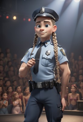 1girl,long hair,looking at viewer,smile,blue eyes,multiple girls,blonde hair,brown hair,shirt,hat,twintails,closed mouth,standing,braid,short sleeves,cowboy shot,necktie,solo focus,collared shirt,belt,pants,indoors,blurry,uniform,twin braids,black headwear,muscular,blurry background,6+girls,watermark,black pants,thick eyebrows,blue shirt,clenched hand,black necktie,buckle,freckles,pocket,black belt,pouch,blue necktie,belt buckle,blue pants,breast pocket,badge,police,police uniform,crowd,policewoman,spotlight,police hat,people,6+others,walkie-talkie,breasts,weapon,bikini,gun,handgun