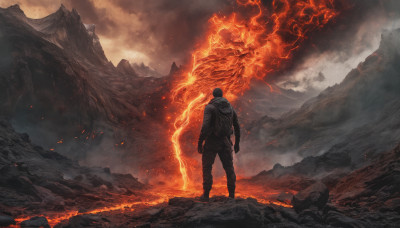 solo, black hair, 1boy, standing, jacket, male focus, outdoors, sky, pants, cloud, hood, from behind, cloudy sky, fire, rock, mountain, facing away, molten rock