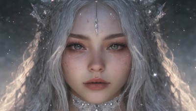 1girl,solo,long hair,looking at viewer,hair ornament,jewelry,green eyes,braid,white hair,parted lips,choker,artist name,blurry,lips,grey eyes,eyelashes,gem,portrait,light particles,close-up,freckles,circlet,snowing,realistic,straight-on,closed mouth,grey hair,blurry background,wavy hair,snow,forehead,nose,red lips