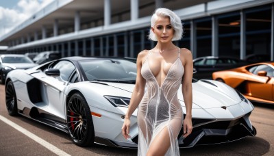 1girl,solo,breasts,looking at viewer,short hair,large breasts,dress,cleavage,bare shoulders,jewelry,medium breasts,standing,collarbone,white hair,cowboy shot,earrings,outdoors,sleeveless,day,white dress,mole,blurry,lips,see-through,no bra,makeup,blurry background,ring,tan,ground vehicle,revealing clothes,breasts apart,motor vehicle,realistic,car,vehicle focus,halter dress,plunging neckline,sports car,silver dress,sky,cloud,lipstick