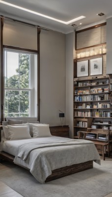 day,indoors,tree,pillow,book,no humans,window,bed,chair,table,plant,curtains,scenery,couch,wooden floor,door,bookshelf,lamp,bedroom,shelf,carpet,ceiling light,cabinet,bed sheet,wall,ceiling