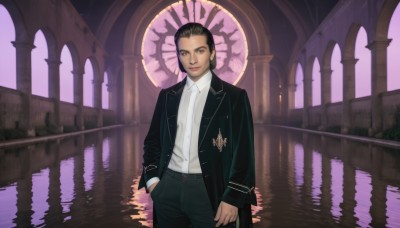 1girl,solo,looking at viewer,smile,short hair,shirt,black hair,long sleeves,1boy,brown eyes,closed mouth,standing,jacket,white shirt,male focus,cowboy shot,open clothes,collared shirt,pants,dark skin,water,lips,coat,black jacket,night,black pants,formal,suit,reflection,hand in pocket,hair slicked back,pillar,church,jewelry,outdoors,indoors,open jacket,dark-skinned female,dress shirt,makeup,lipstick,shirt tucked in,arch