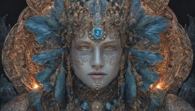 1girl,solo,looking at viewer,hair ornament,1boy,jewelry,closed mouth,yellow eyes,male focus,parted lips,armor,lips,eyelashes,makeup,expressionless,helmet,feathers,black background,gem,portrait,headdress,feather hair ornament,straight-on,gold,blue gemstone,close-up,freckles,realistic