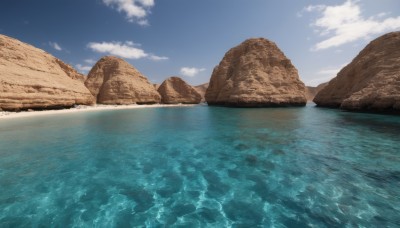 outdoors,sky,day,cloud,water,blue sky,no humans,ocean,beach,cloudy sky,scenery,reflection,rock,sand,horizon,waves,shore,pokemon (creature)