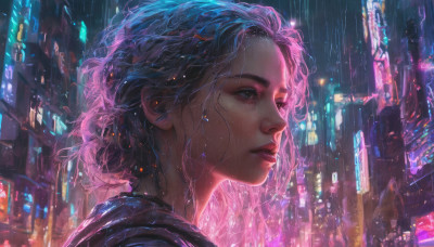 1girl, solo, short hair, parted lips, from side, lips, wet, night, portrait, science fiction, rain, city, realistic, nose, wet hair, city lights, neon lights