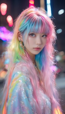 1girl,solo,long hair,looking at viewer,bangs,brown eyes,jewelry,closed mouth,blue hair,upper body,pink hair,multicolored hair,earrings,blunt bangs,blurry,black eyes,two-tone hair,lips,makeup,depth of field,blurry background,pink lips,realistic,nose,bokeh,colorful,rainbow hair,parted lips,from side,looking to the side,eyelashes,watermark