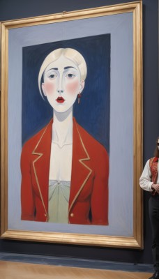 1girl,solo,breasts,looking at viewer,blush,short hair,blue eyes,blonde hair,1boy,dress,cleavage,jewelry,jacket,earrings,pants,makeup,parody,lipstick,pale skin,red jacket,red lips,painting (object),fine art parody,shirt,medium breasts,black eyes,grey eyes,formal,picture frame,portrait (object)