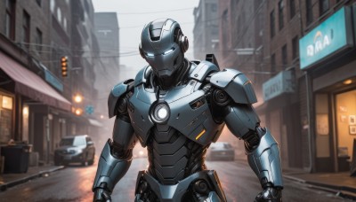 solo,looking at viewer,blue eyes,1boy,upper body,male focus,outdoors,armor,blurry,no humans,blurry background,glowing,robot,ground vehicle,building,mecha,glowing eyes,motor vehicle,science fiction,city,sign,car,road,police,street,power armor,humanoid robot,traffic light,realistic,truck