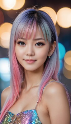 1girl,solo,long hair,breasts,looking at viewer,smile,bangs,dress,cleavage,bare shoulders,brown eyes,jewelry,medium breasts,closed mouth,blue hair,collarbone,upper body,pink hair,multicolored hair,earrings,nail polish,blurry,two-tone hair,lips,eyelashes,gradient hair,makeup,depth of field,blurry background,web address,freckles,realistic,nose,bokeh,black hair,swimsuit,bikini,artist name,watermark