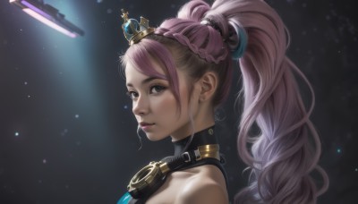 1girl,solo,long hair,looking at viewer,bare shoulders,jewelry,ponytail,pink hair,braid,earrings,choker,from side,lips,grey eyes,makeup,crown,high ponytail,lipstick,goggles,portrait,nose,mini crown,goggles around neck,bangs,blue eyes,closed mouth,upper body,purple hair,multicolored hair,artist name,two-tone hair,eyelashes,piercing,realistic,hair tie,stud earrings,space