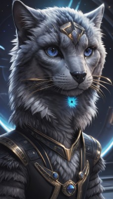 solo,looking at viewer,blue eyes,1boy,animal ears,jewelry,closed mouth,upper body,male focus,signature,vest,fur trim,no humans,animal,cat,gem,furry,furry male,animal focus,white fur,whiskers,blue gemstone,black fur,grey fur,necklace,armor,slit pupils,portrait