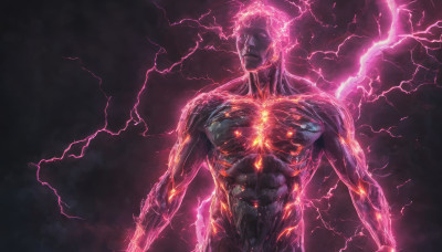 solo, 1boy, male focus, muscular, glowing, glowing eyes, science fiction, electricity, lightning