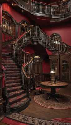 indoors,cup,book,no humans,chair,table,scenery,wooden floor,stairs,clock,bookshelf,lamp,candle,library,ceiling,carpet,candlestand,rug,chandelier,voile,door,railing