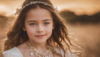 1girl,solo,long hair,looking at viewer,smile,blue eyes,brown hair,hair ornament,dress,jewelry,closed mouth,upper body,flower,necklace,white dress,lips,grey eyes,wavy hair,portrait,veil,forehead,realistic,head wreath,outdoors,sky,blurry,eyelashes