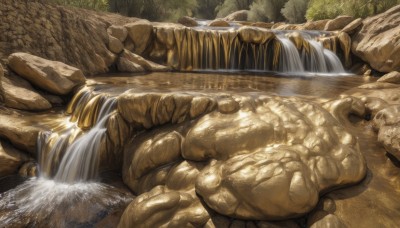 outdoors,day,water,tree,no humans,nature,scenery,forest,rock,realistic,river,waterfall,food,grass,gold,still life