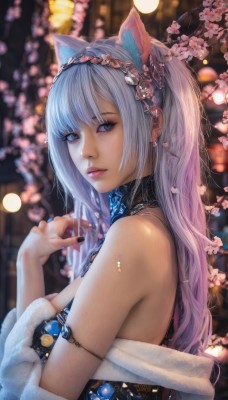 1girl,solo,long hair,breasts,looking at viewer,bangs,blue eyes,large breasts,hair ornament,dress,animal ears,bare shoulders,jewelry,medium breasts,closed mouth,upper body,pink hair,flower,multicolored hair,hairband,cat ears,hand up,nail polish,blurry,from side,lips,fingernails,looking to the side,grey eyes,gradient hair,depth of field,blurry background,ring,cherry blossoms,black nails,armlet,realistic,nose,grey hair,sidelocks,earrings,outdoors,parted lips,artist name,hair flower,necklace,petals,eyelashes,makeup,gem,pink flower,branch,red lips,mascara