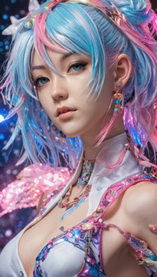 1girl,solo,long hair,breasts,looking at viewer,bangs,blue eyes,hair ornament,cleavage,hair between eyes,bare shoulders,jewelry,medium breasts,blue hair,upper body,pink hair,multicolored hair,earrings,parted lips,necklace,hair bun,star (symbol),blurry,two-tone hair,lips,eyelashes,gradient hair,makeup,gem,freckles,realistic,nose,mascara,streaked hair,double bun,portrait