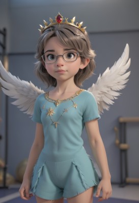 1girl,solo,breasts,looking at viewer,short hair,brown hair,shirt,brown eyes,jewelry,closed mouth,standing,collarbone,short sleeves,cowboy shot,small breasts,wings,glasses,shorts,pussy,indoors,medium hair,necklace,blurry,black eyes,lips,loli,short shorts,depth of field,blurry background,cameltoe,tiara,crown,blue shirt,feathered wings,black-framed eyewear,blue shorts,angel wings,white wings,arms at sides,angel,blue-framed eyewear,artist name,night,watermark,web address,realistic,nose